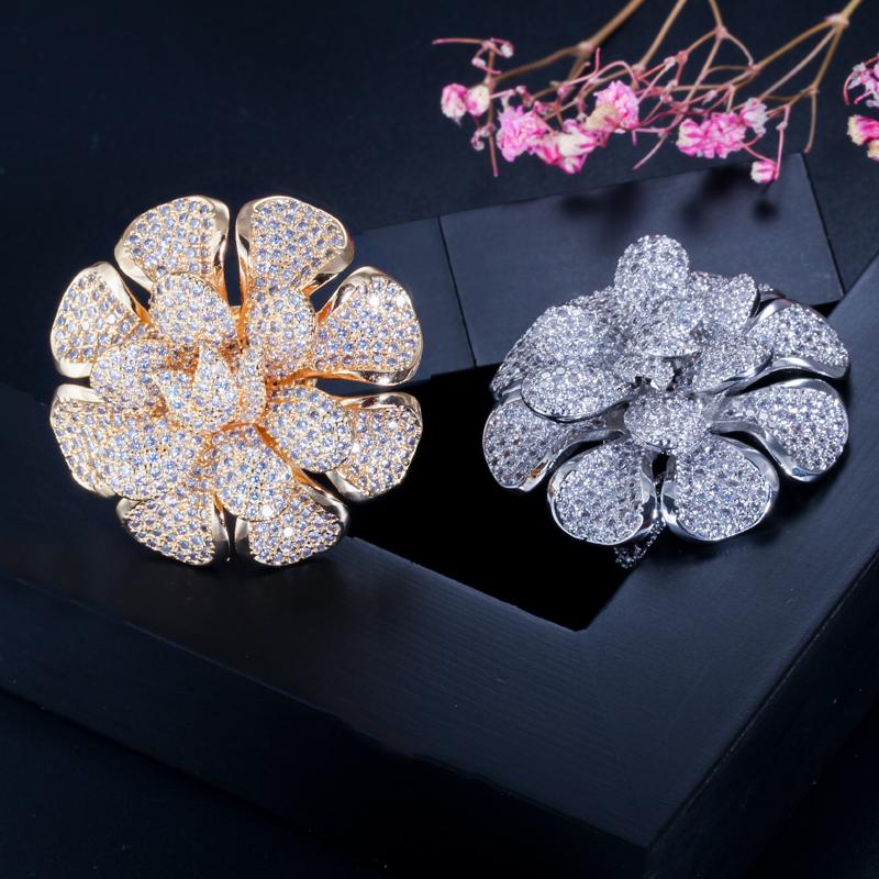 CMM Luxury Cubic Zirconia Nigerian Gold Color Statement Large Flower Finger Rings For Women Wedding Prom Jewelry