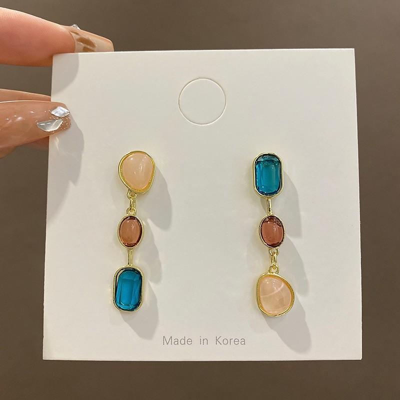 Three Color Square Rhinestones Drop Earrings for Women Korean Sweet Acrylic Beads Dangle Earrings Party Trendy Jewelry
