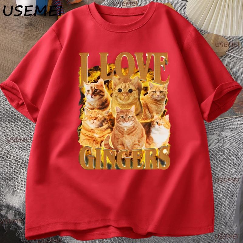 I Love Gingers T Shirt Funny Orange Cat Tee Retro Y2K Unisex TShirt Casual Cotton Short Sleeve Round Neck Tshirt Streetwear