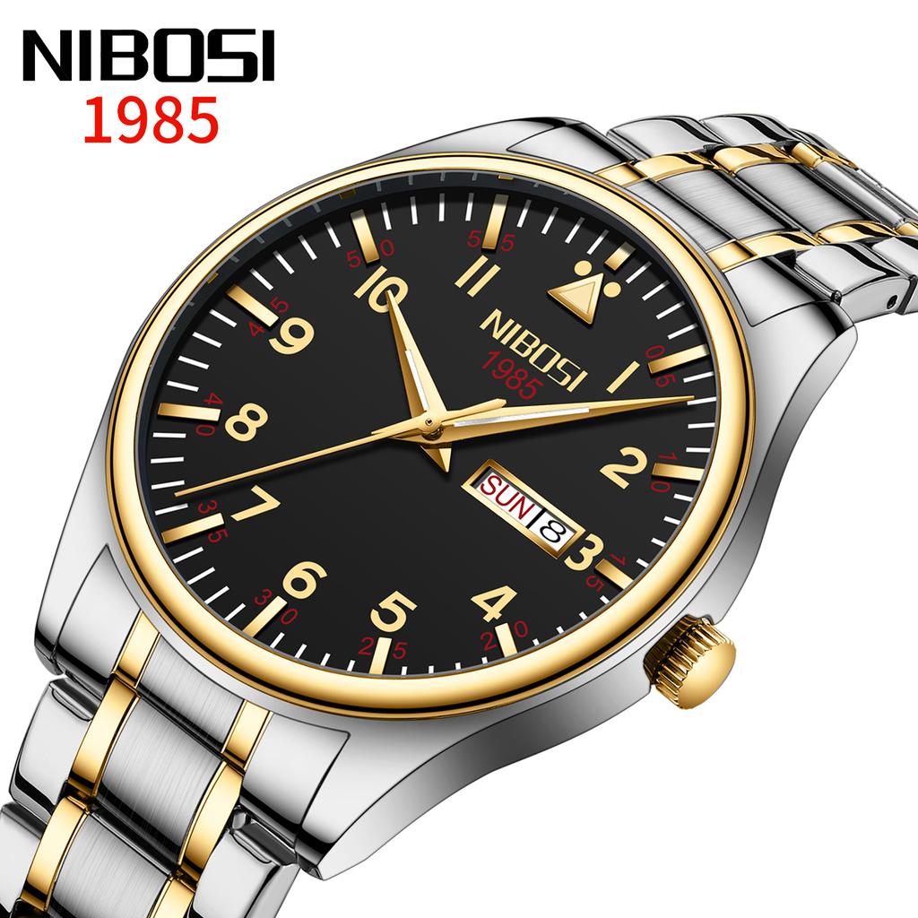 NIBOSI модные классические студенческие часы с двойным календарем, светящиеся в темноте водонепроницаемые кварцевые мужские часы со стальным ремешком