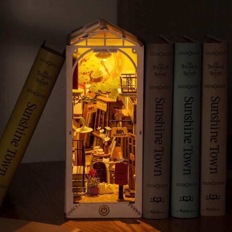 Book Nook DIY Dollhouse Furniture 4 Kinds Booknook Bookends Model Kit with LED Light for Bookshelf Insert Decor