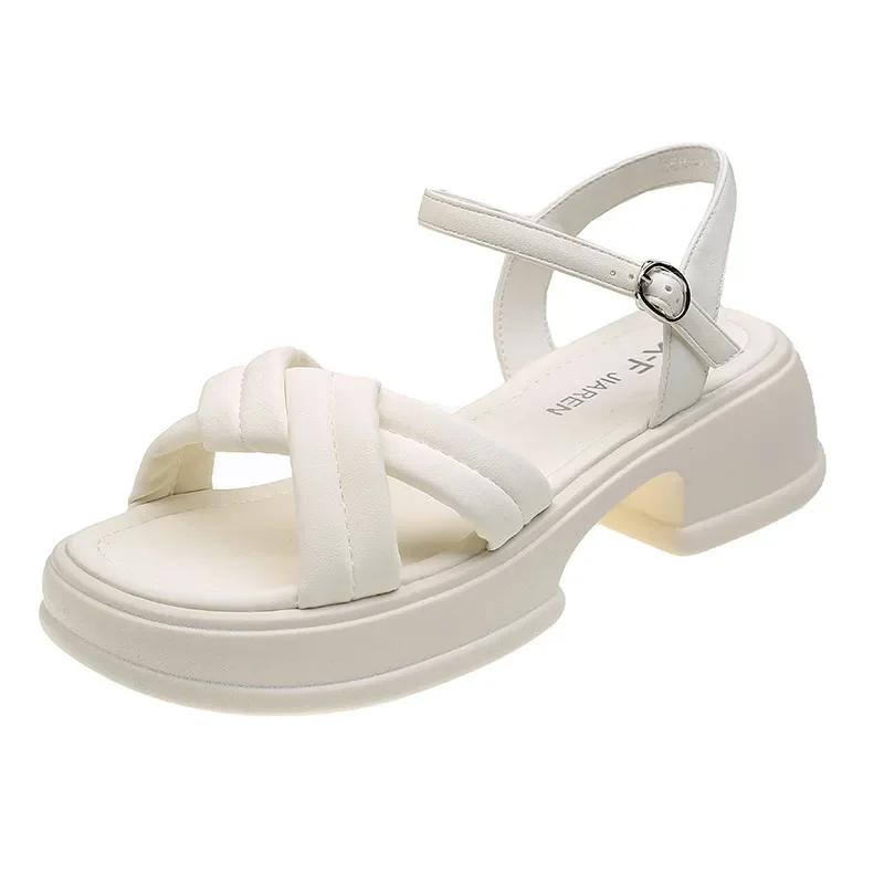 Fashion Summer 2024 New Women's Fashion Platform Cross-toe Sandals Comfortable Casual Shoes Luxury Sandals Heels Woman Round Head Beach