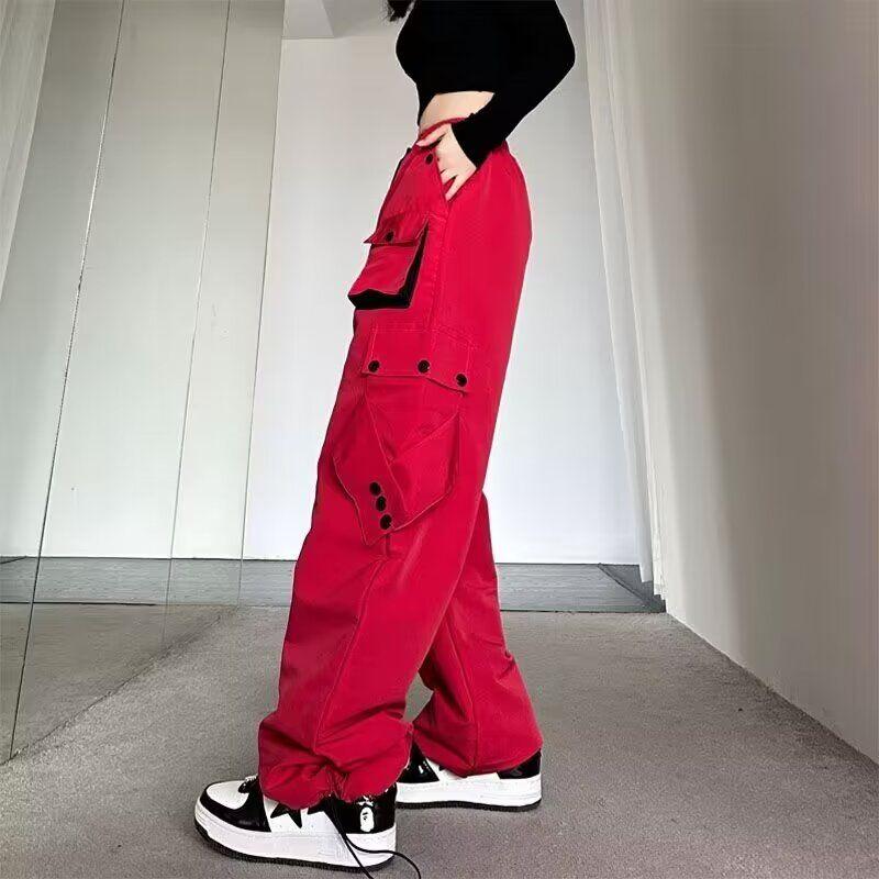 Брюки-карго женские Y2k уличная одежда повседневные широкие брюки в американском стиле хип-хоп с высокой талией и большими карманами на шнуровке свободные женские брюки