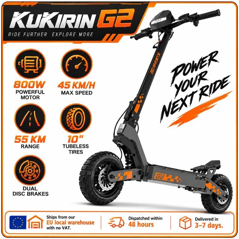 KUKIRIN G2 800W Electric Scooter, 45km/h, 55km Range, 48V 15.6Ah Battery, 10" Tubeless All-Terrain Tires, Foldable E-Scooter