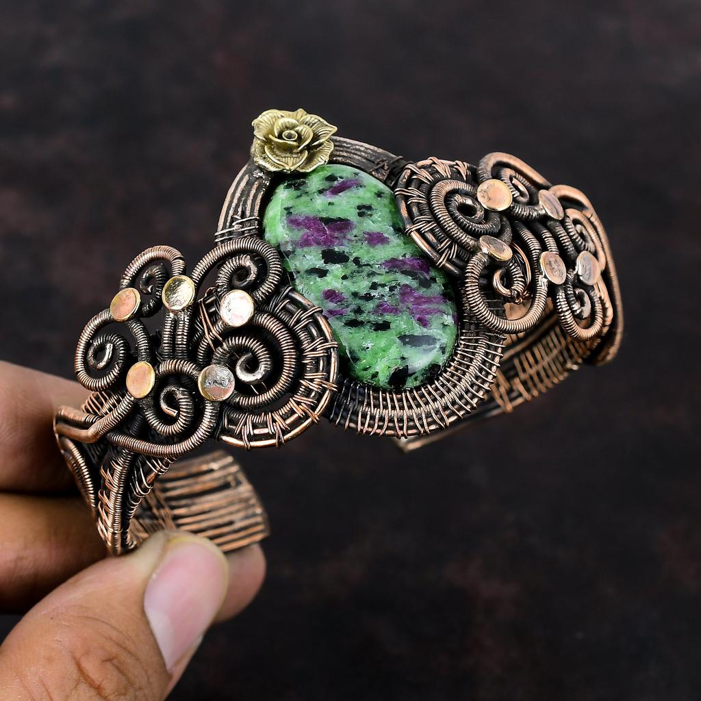 Ruby Zoisite Bangle Copper Wire Wrapped Cuff Bracelet Handmade Copper Jewelry Adjustable Bangle Gemstone Bracelet Flower Bangle Gift For Him