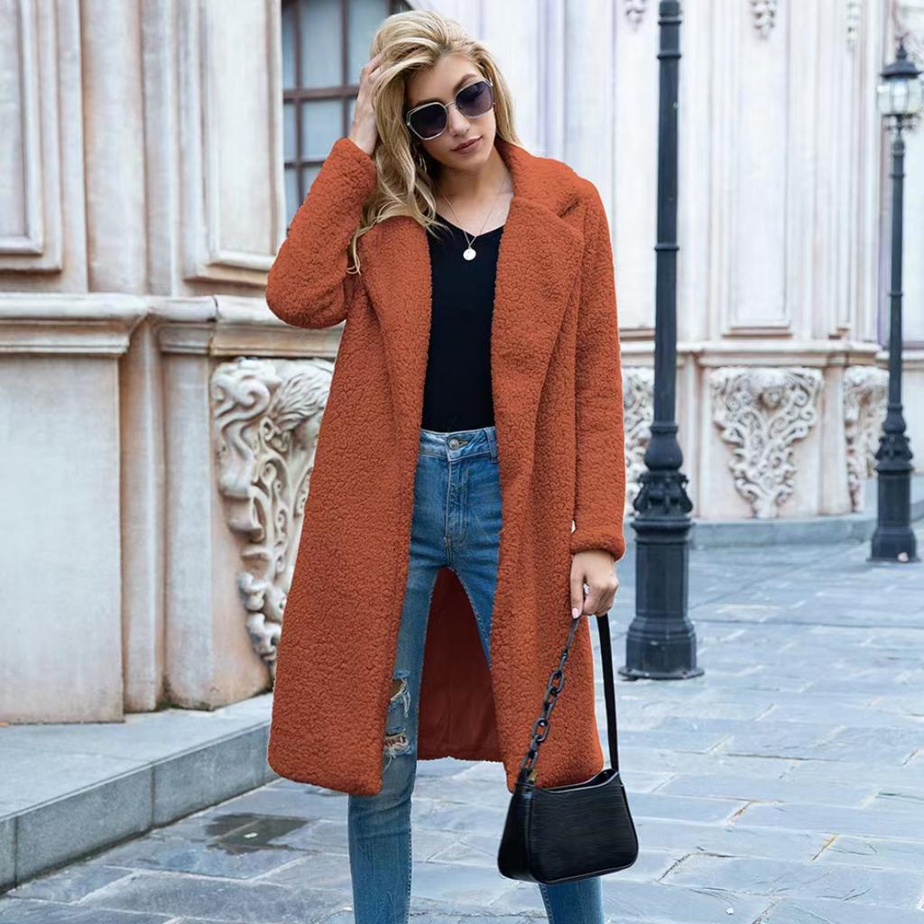 Осенне-зимнее женское однотонное пальто средней длины из овечьей шерсти, свободное повседневное пальто