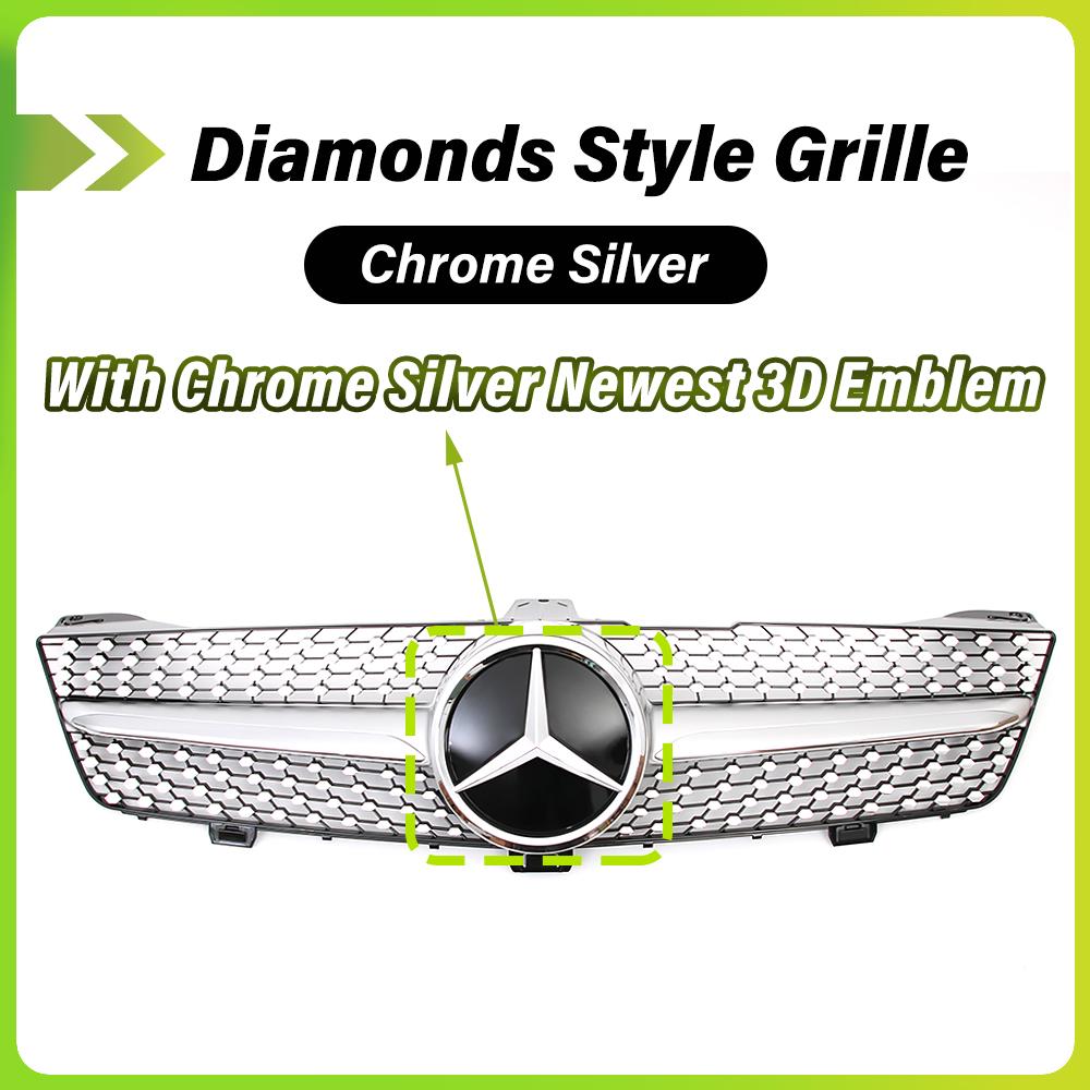 EJG4 Chrome Diamonds Style Racing Grill With Silver Border Emblem Logo For Mercedes Benz CLS-Class W219 09-11 CLS350 CLS500 CLS63 AMG