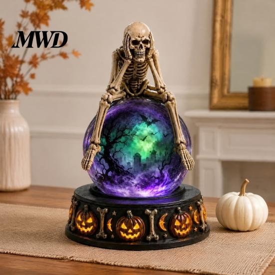 Ghostly Castle Night Light LED Lighted Halloween Faux Crystal Ball Decoration, Resin Witch/Skeleton/Cat/Ghost Figurine with Vintage Style Collectible