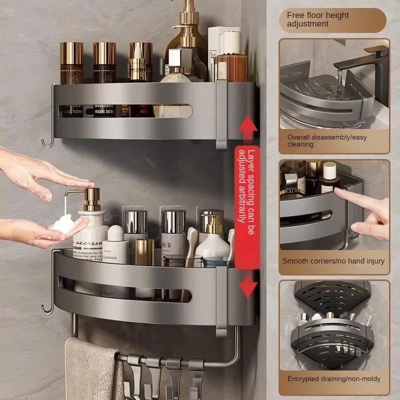 Ванная комната, Алюминиевый стеллаж для хранения вещей, Неперфорированный настенный угловой стеллаж для хранения вещей в ванной комнате, Треугольная корзина серого цвета