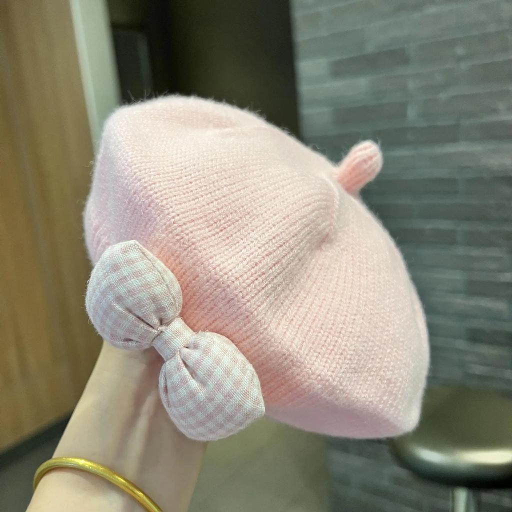 Flower Baby Beret Hat Winter Warm Knitted Beanie Cap for Infant Girls Korean Toddler Princess Artist Solid Color Painter Caps