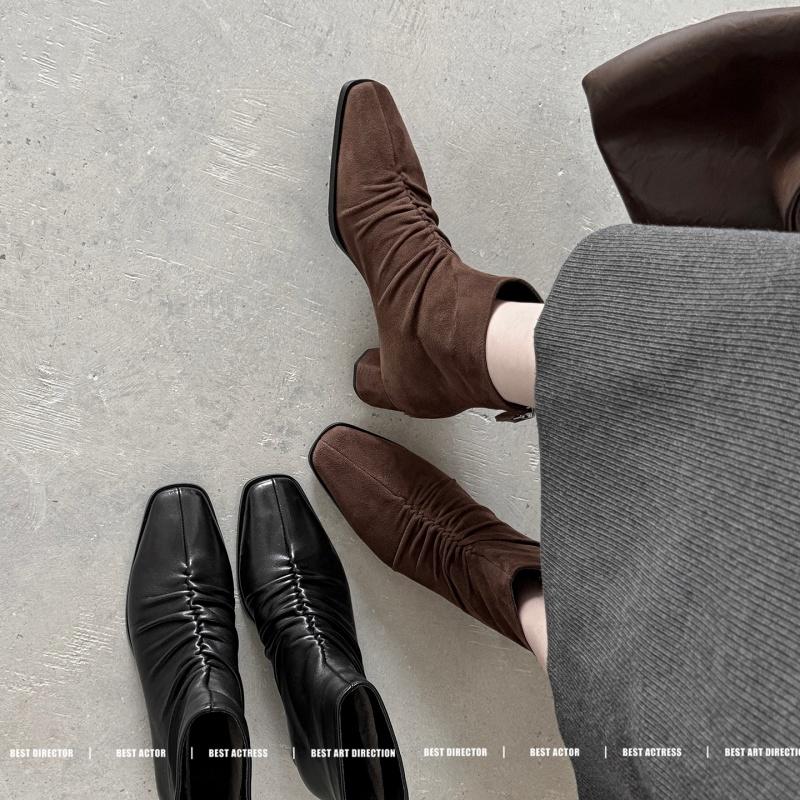 Мода 2025 Зимняя Женская Обувь Натуральная Кожа Женские Сапоги До середины икры Современные Сапоги Женские Однотонные На среднем каблуке Женская Обувь Плиссированная