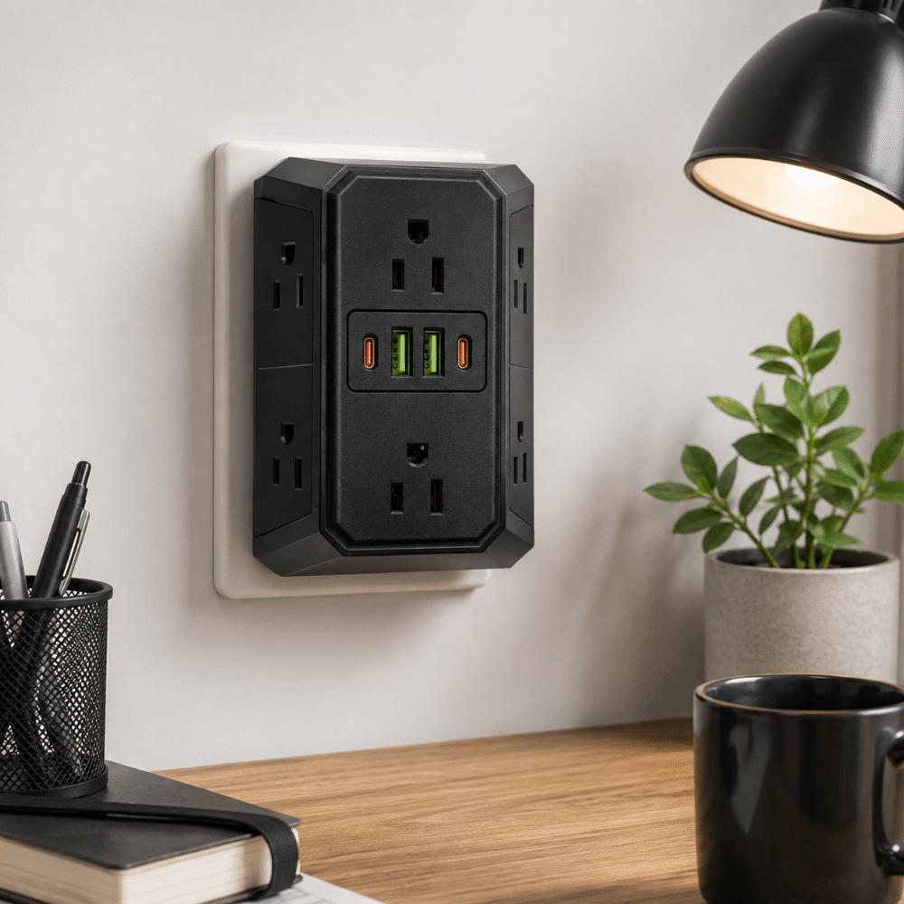 Multiple USB Ports Wall Mounted Power Socket US Plug Six Outlet Power Splitter for US Office Use