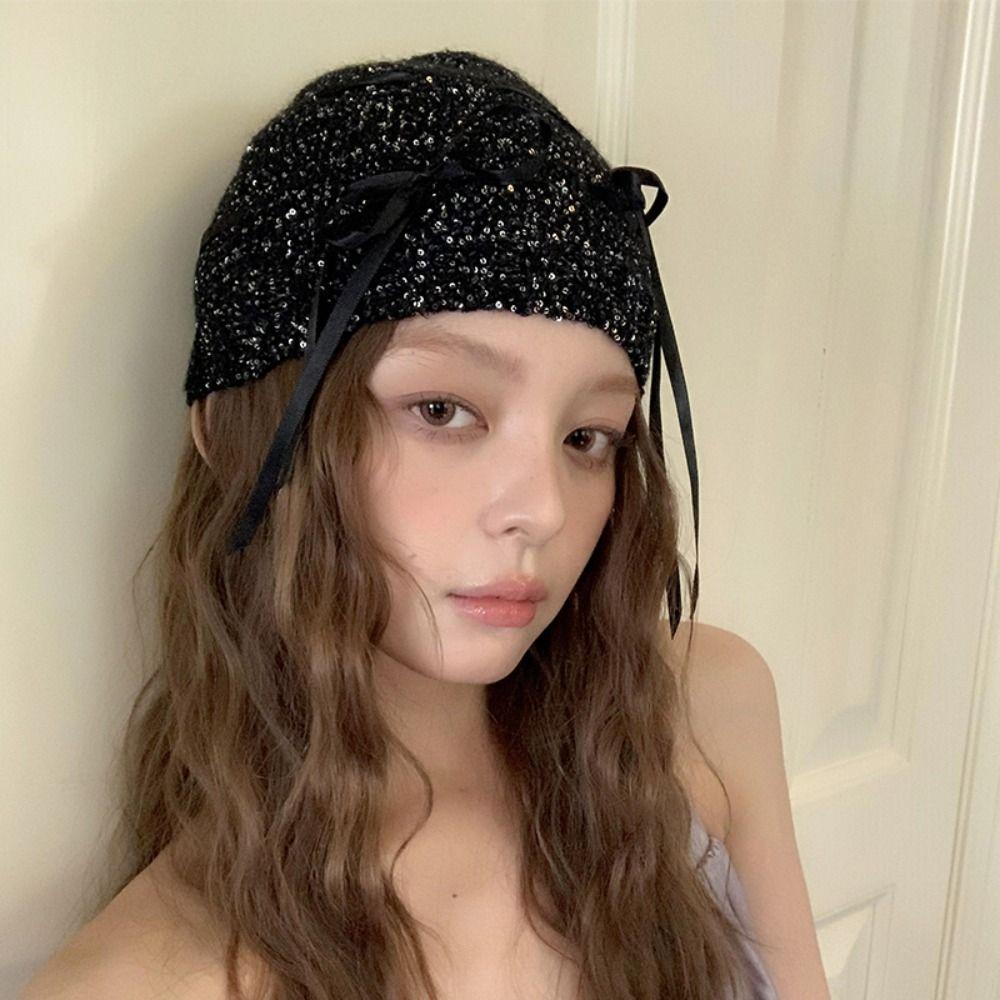 Vintage Beanie Hat Bowknot Woven Cap Fashion Sequin Knitted Hat Autumn