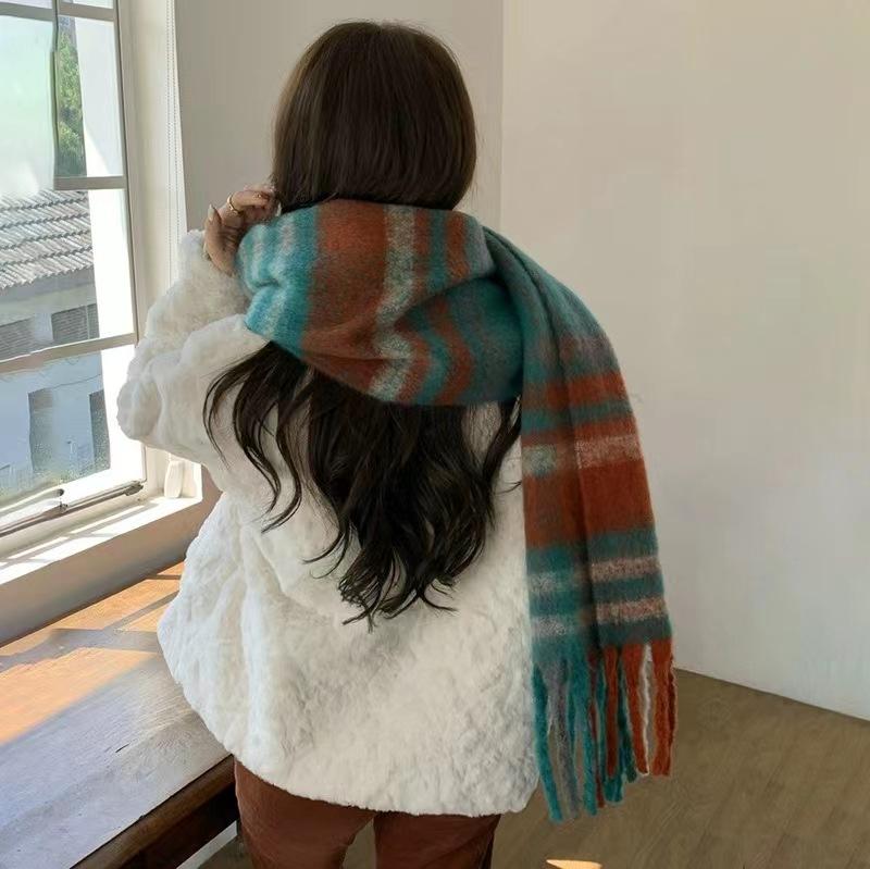Winter Thickened Mohair Scarf for Women Rainbow Plaid Tassel Shawl Student Versatile Warm Scarf Trendy and Warm