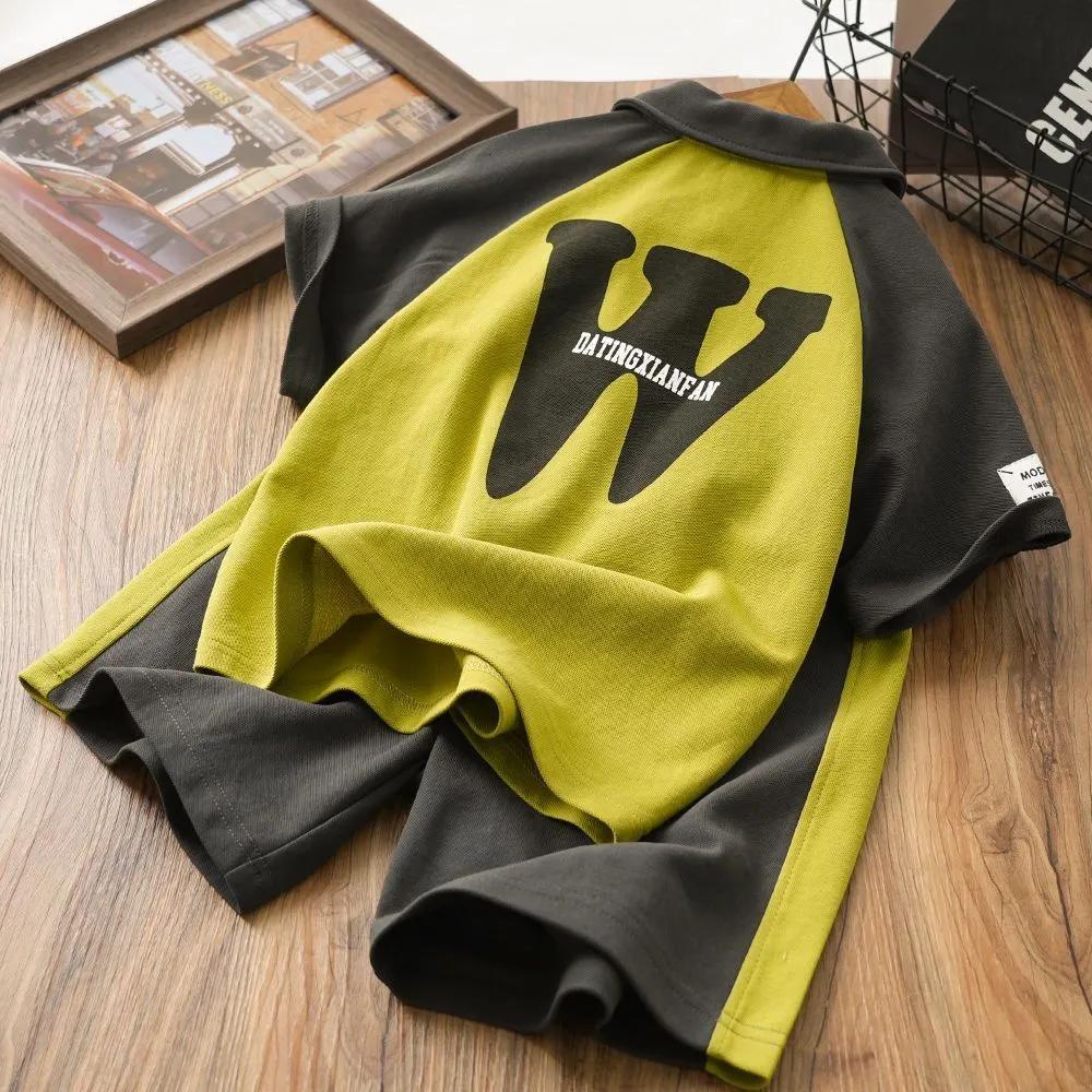 Boys' Summer Suit Color Matching Polo Short-sleeved Suit Casual Middle-aged Children's Lapel Western Style Two-piece Suit