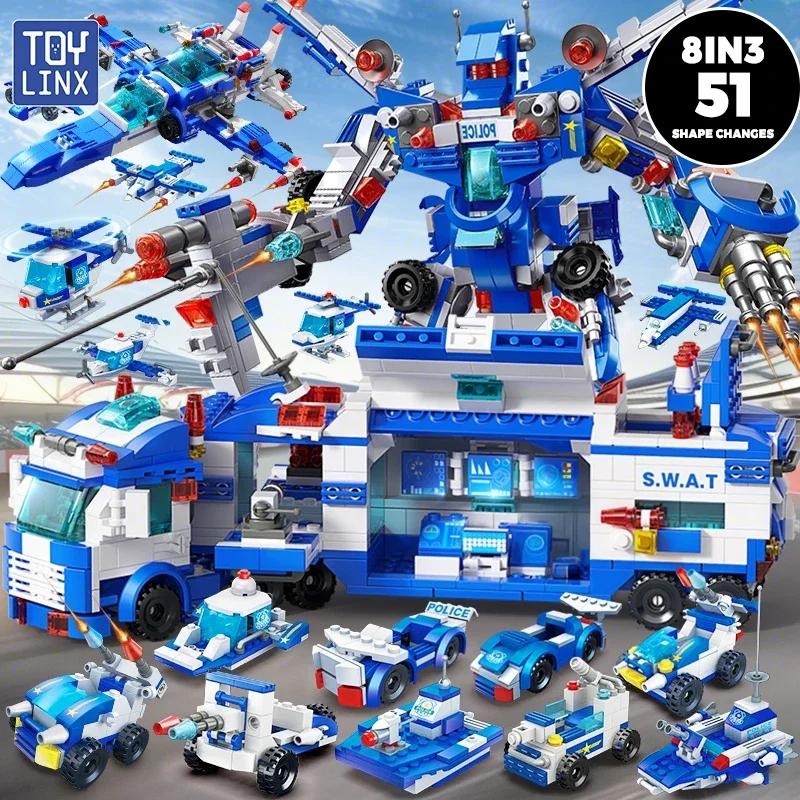 TOYLINX 679 деталей Полицейские Строительные Блоки 8-в-3 Трансформируемая Игрушка 51 Изменение Формы Робот Транспортное Средство Самолет Детские Строительные Кубики