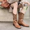 Fashion Vintage Embroidered Cowboy Boots Women 2024 Autumn Square Toe Thick Heels Western Boots Woman Brown Pu Leather Knee High Boots
