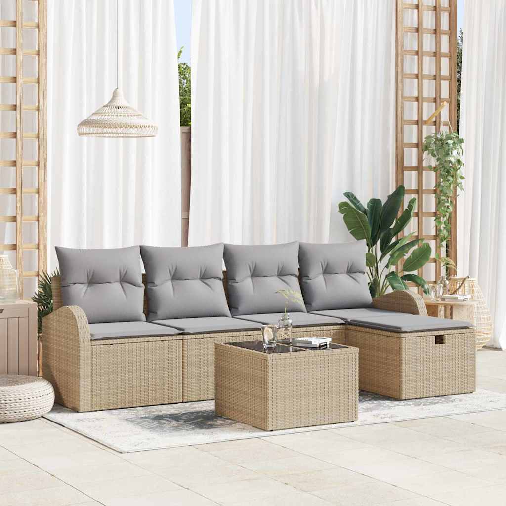 Garden Sofa Set with Cushions and Storage 6 pcs Beige Poly Rattan