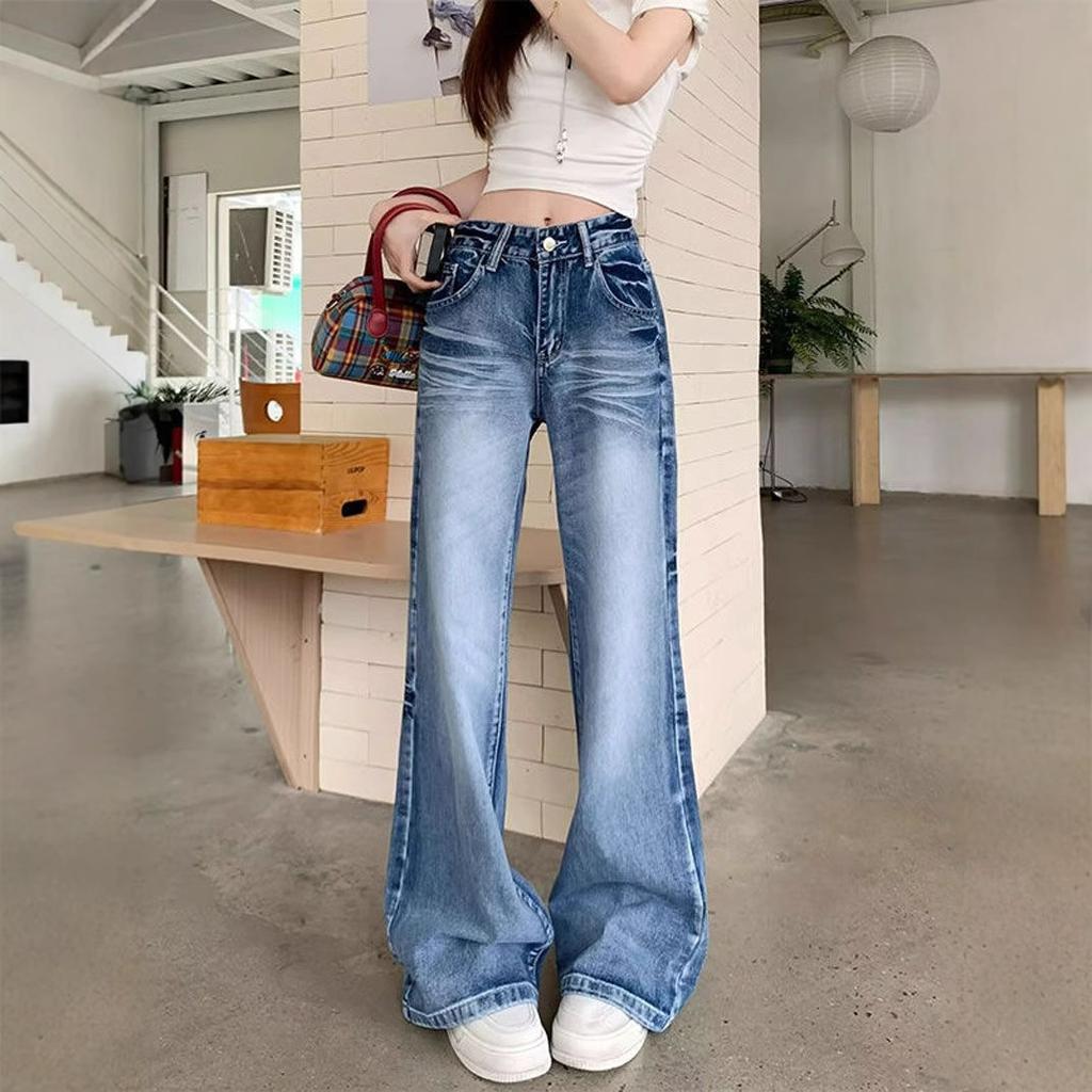Vintage Washed Micro Flare Jeans Women High Waist Loose Thin Hundred Yards Straight Wide Leg Trailing Long Trousers Jeans for Women Long Denim Pants