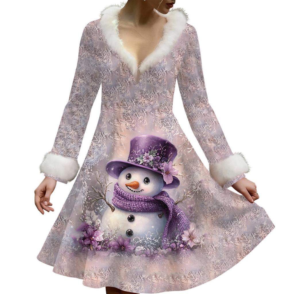 Женское повседневное платье с V-образным вырезом, рождественским принтом, плюшевыми длинными рукавами