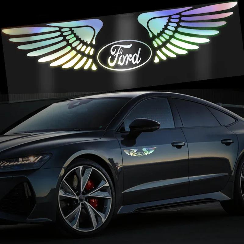 Автомобильная наклейка 2026 Логотип автомобиля Лазерное Ангельское Крыло Светоотражающая Наклейки для Украшения Двери Автомобиля Для Ford Focus 2 3 4 MK2 MK3 MK4 mustang fiesta