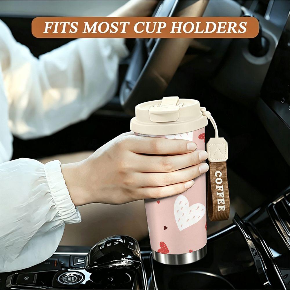 Cute Pink Heart Pattern Travel Cup Insulated Coffee Tumbler Double Walled Vacuum Stainless Steel Mug Leakproof Thermal Bottle for Office Gift