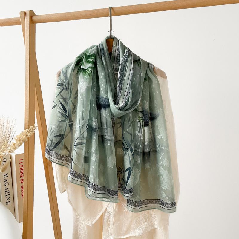 National Trend Panda Newspaper Bamboo Hollow Shawl for Women Plum Orchid Bamboo and Chrysanthemum Printed Silk Scarf Long High-end Sex Scarf