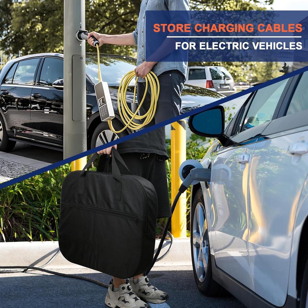 20 Inch Jumper Cable Bag, Heavy Duty Water Resistant Tools Cable Bag, Cable Cords Hoses Storage & Organizer With Exterior Pocket For Jumper Cable,EV