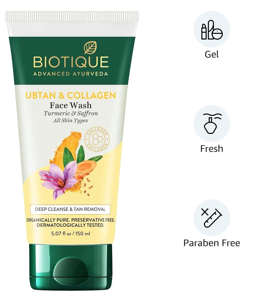 Biotique Ubtan Collagen Face Wash For Tan Removal Glowing Skin Gentle Exfoliation Dead Skin Cell Removal 150ml