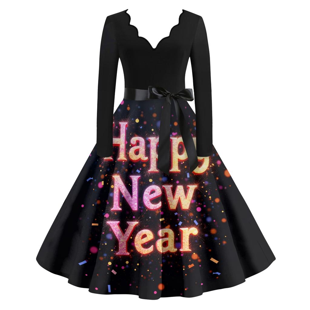 Женское повседневное модное платье винтажного стиля с V-образным вырезом и новогодним принтом