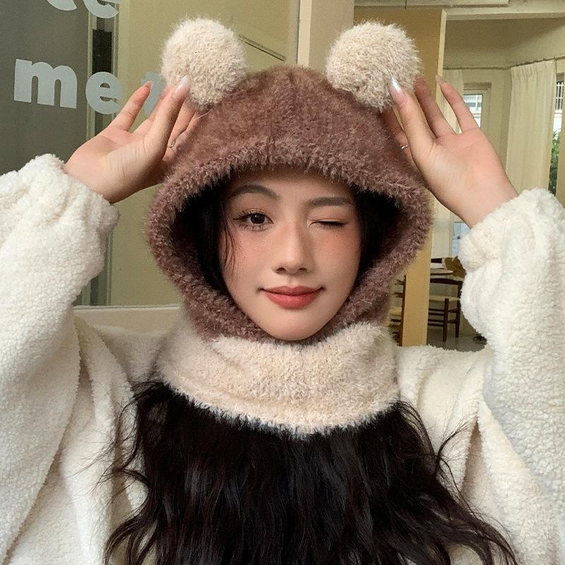 Корейская новая осенне-зимняя шапка для женщин, милая плюшевая панда, шапка-манишка для зимы, теплая, шарф-шапка, набор из двух предметов, толстая