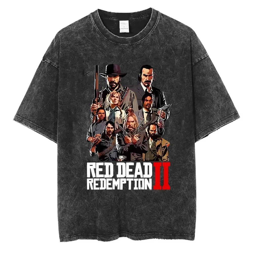 Винтажная футболка оверсайз с коротким рукавом, кислотной стирки, с логотипом Red Dead Redemption 2 и двусторонним графическим принтом Артура Моргана