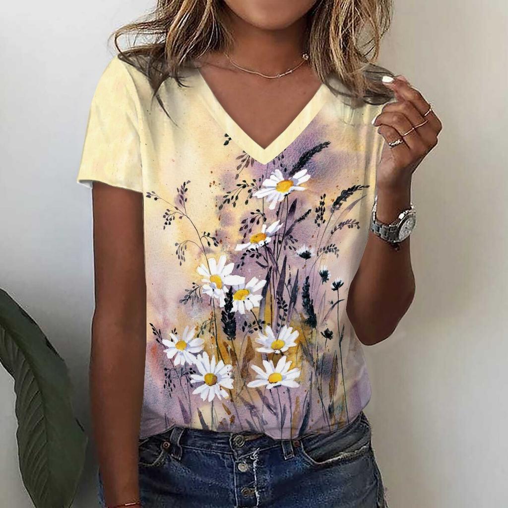 Модная футболка с 3D принтом подсолнечника и цветочным принтом, летние женские футболки с v-образным вырезом в стиле Харадзюку, уличная одежда больших размеров, футболки Y2k, верхняя женская одежда