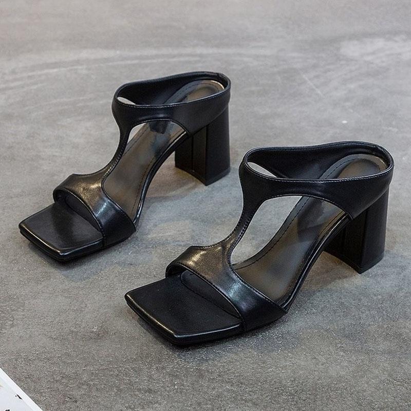Летние женские босоножки с квадратным носком и блочным каблуком, модные тапочки, сексуальные Т-образные босоножки с открытым носком и высоким каблуком, большие размеры