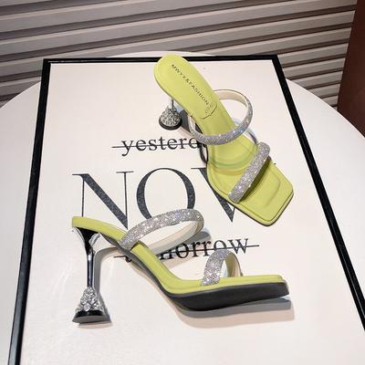 Летние хрустальные шлепанцы с узким ремешком для женщин, модные, с открытым носком, элегантные, для вечеринок, на высоком каблуке