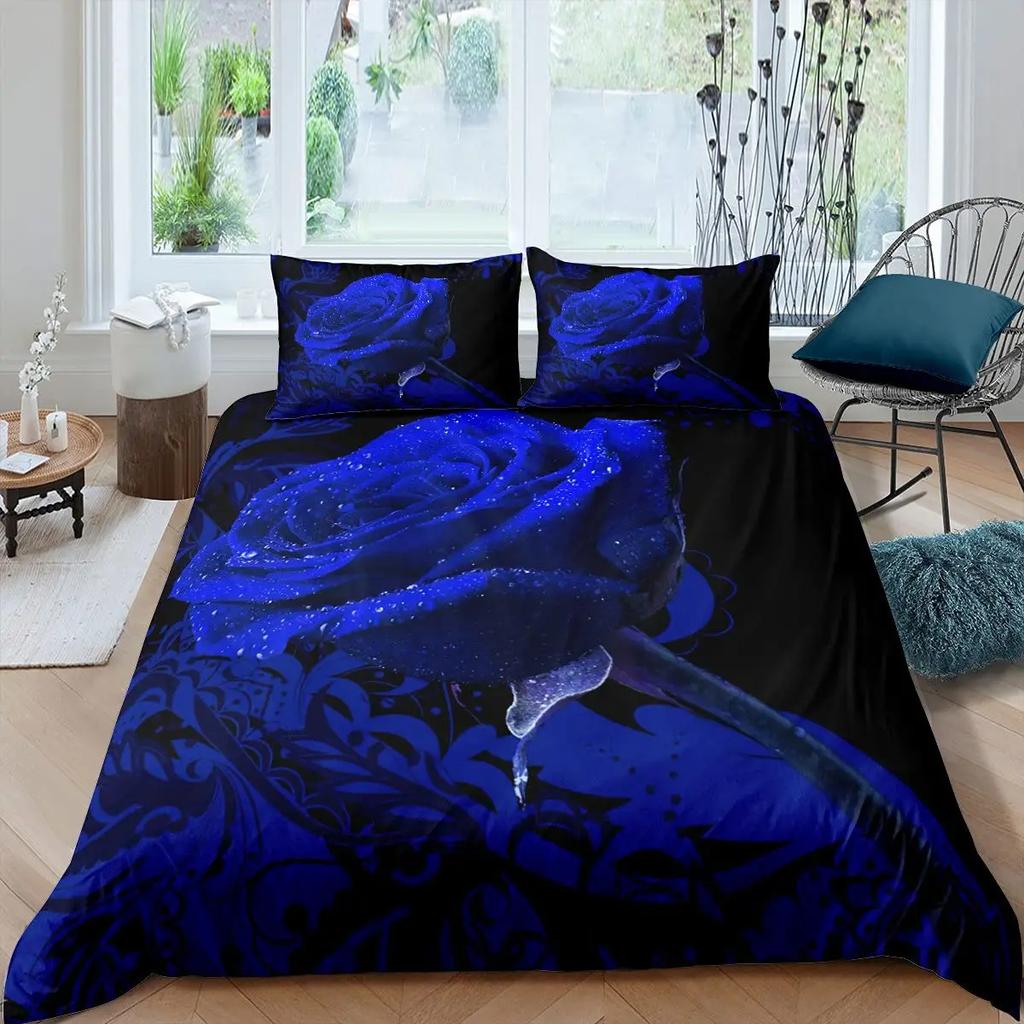 Blue Rose Duvet Cover Set King Size 3D Printed Blossom Flowers Bedding Set Valentine'S Day Botanical Polyester Comforter Cover