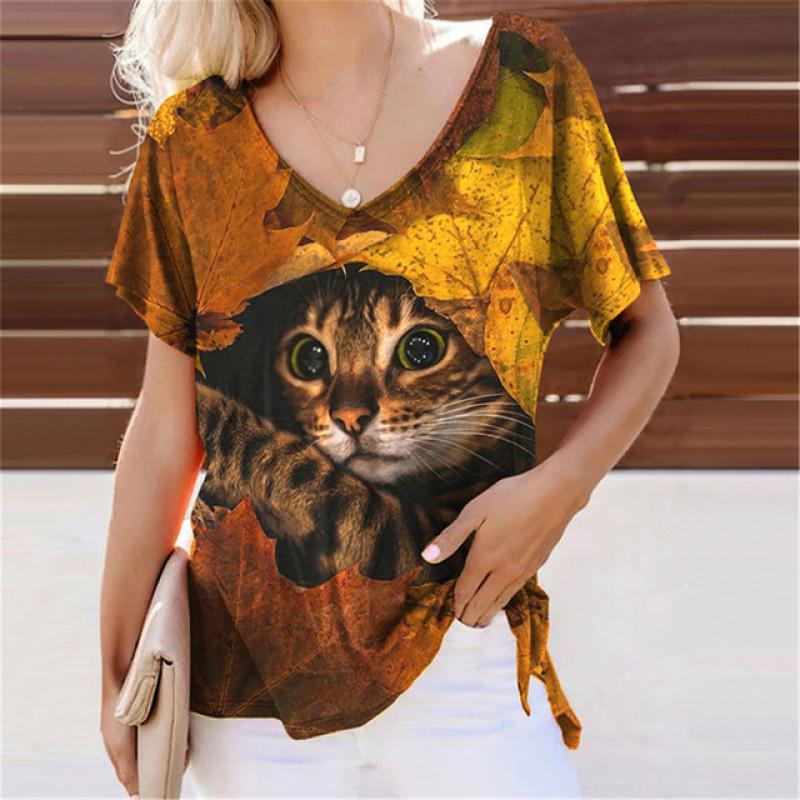 Повседневная аниме повседневная сексуальная милая цифровая футболка с 3D принтом кота, женский топ, свободные футболки с короткими рукавами и v-образным вырезом, женские топы, одежда