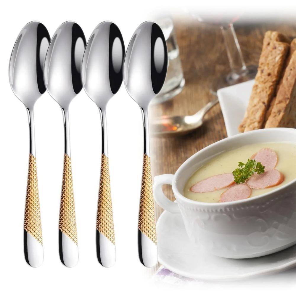 Gold Plated Dinner Spoon Set With Hammered Handle 18-10 Dishwasher Safe Dinning Table Spoon Soup Spoon Cutlery Set