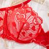 Ультратонкий вышитый бюстгальтер в форме красного сердца демонстрирует большую грудь, тонкий комплект, ярко-красное кружевное сексуальное нижнее белье