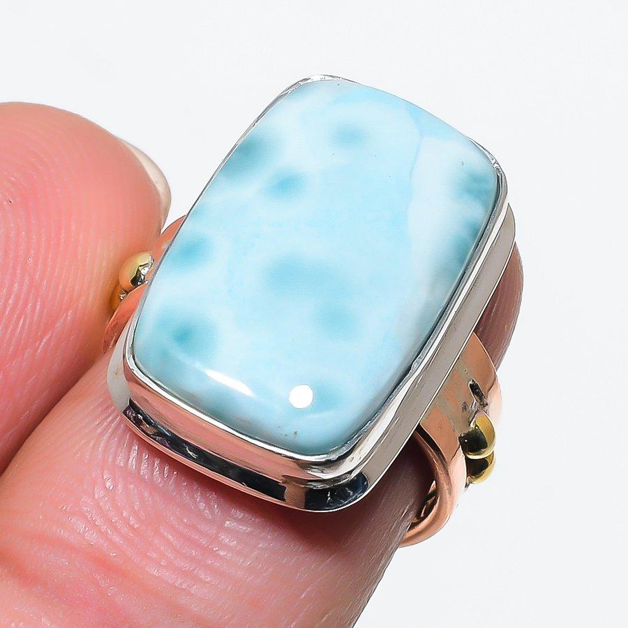 Натуральный Ларимар Драгоценный Камень 925 Проба Стерлинговое Серебро Двухцветное Подарочное Кольцо Р.6 r9M39