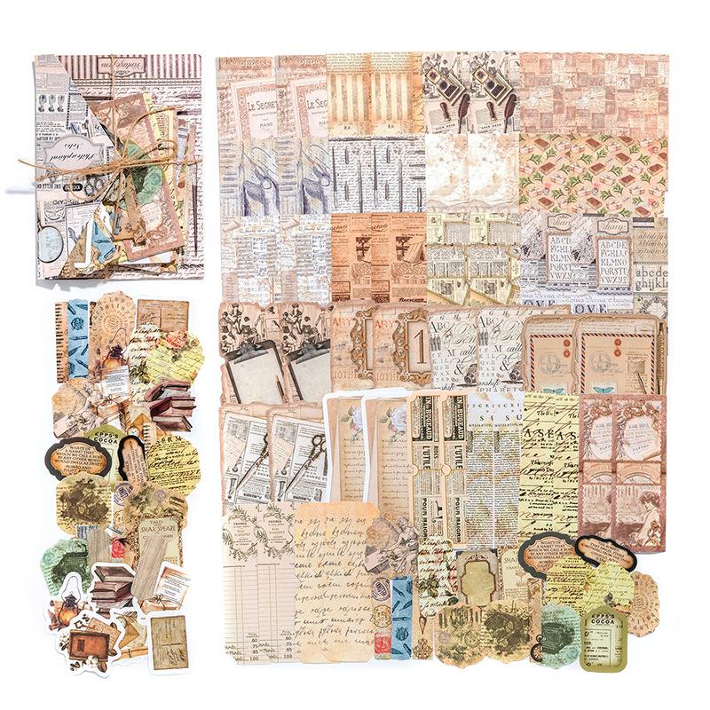 100Pcs Set Vintage Mixed Kit Sticker & Paper 2-in-1 Scrapbook Collage Literary Distressed Decor Supplies