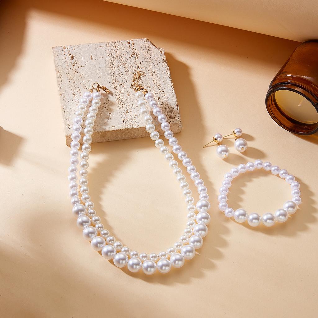 Women's New Hepburn-Style Elegant Imitation Pearl Necklace Jewelry Set, Simple and Versatile Beaded Bracelet