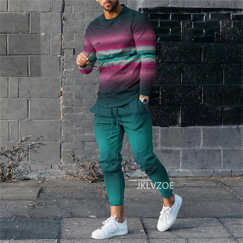 Осенний мужской костюм с футболкой и брюками в полоску с градиентным графическим принтом, спортивные костюмы свободного покроя с длинным рукавом, мужские брюки, комплект из 2 предметов