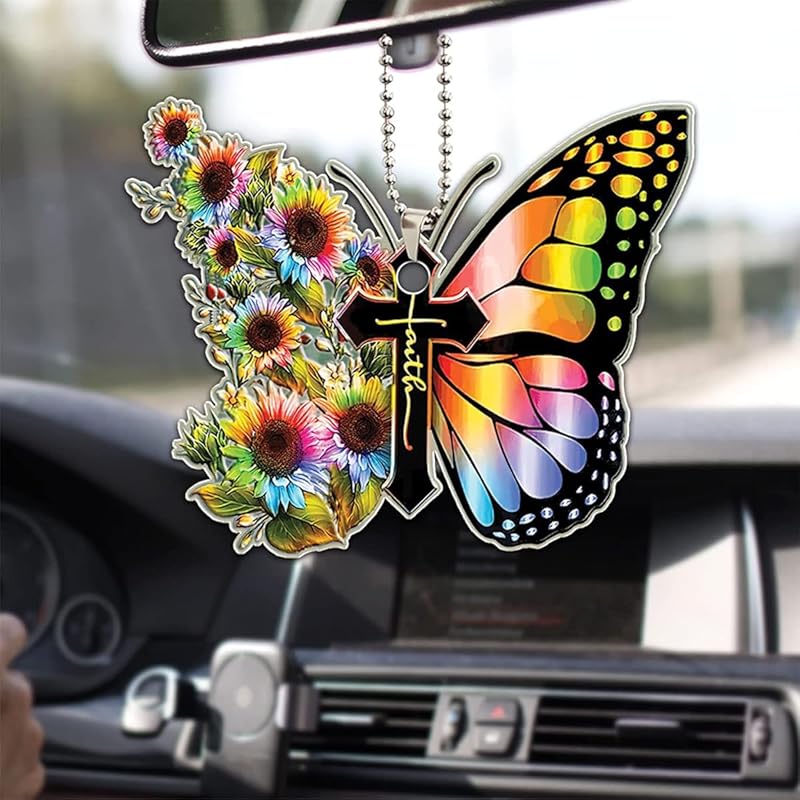 Car Mirror Hanging Accessories, Rearview Mirror Butterfly Ornaments Christian Car Accessories, Car Rosary, Cross, Driver Easter Religious Gifts, Auto