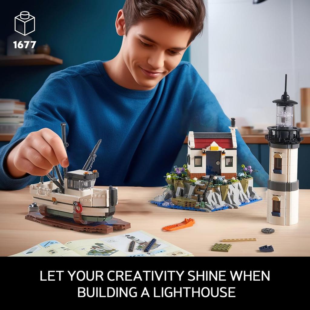 1677 шт. Электрический маяк Строительные блоки Рыбак Спасательные лодки Модель маяка Кирпичики Со светом Детские игрушки Праздничные подарки
