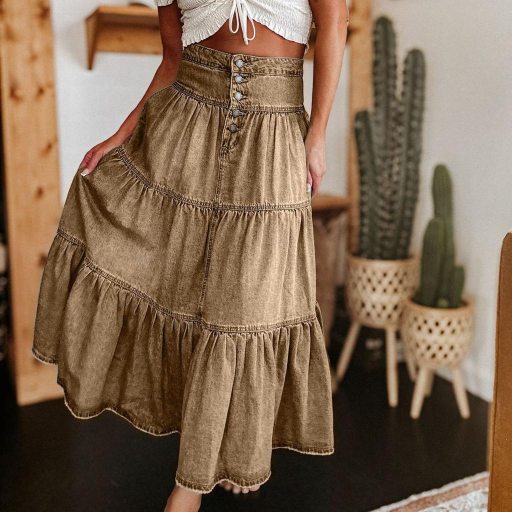 Женская модная ретро-юбка с завышенной талией и пуговицами из денима