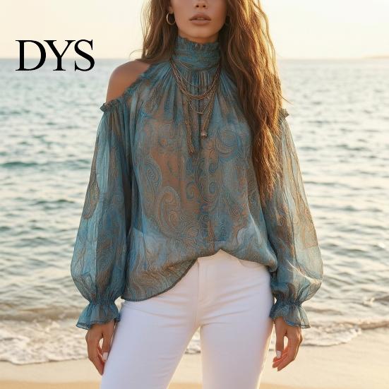 Skin Friendly Shirts Women Fall Cold Shoulder Shirt, Vintage Ethnic Print High Casual Blouses Collar Blouse, Ruffle Lantern Sleeve Top Autumn