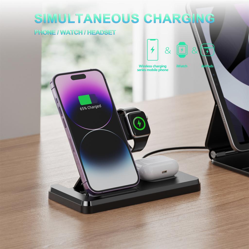 HT-514 3-in-1 Foldable Charging Dock 15W Wireless Charger for Phone/Watch/Earbuds