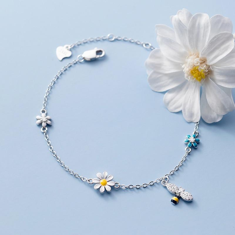 Real 925 Sterling Silver Zicon Flower Bee Bracelet For Fashion Women Party Cute Fine Jewelry Minimalist Accessories