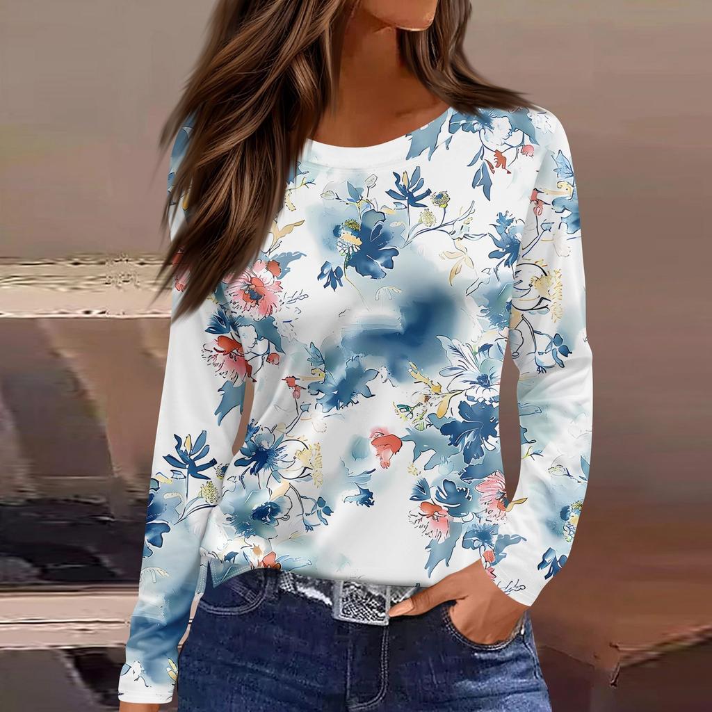 Женская модная повседневная свободная футболка с принтом и круглым вырезом с разрезом и длинным рукавом, женский топ